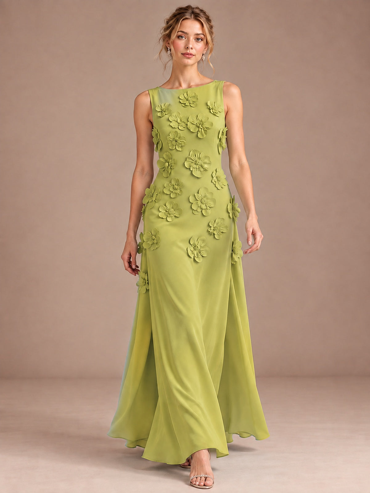 3D Floral Applique Sleeveless Formal Maxi Dress