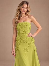 Yellow Strapless A-line Satin Maxi Dress with 3D Floral