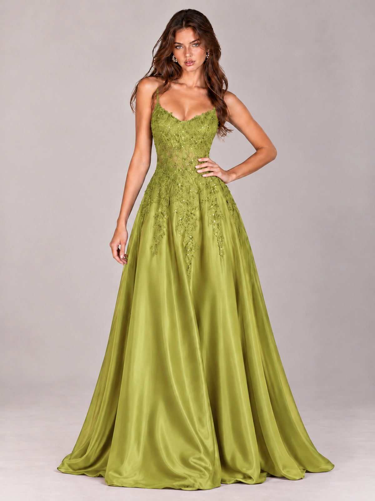 Lace Applique Satin A-Line Prom Dress with Sheer Bodice