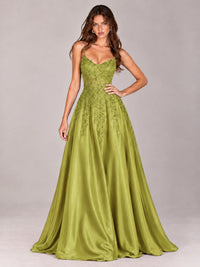 Lace Applique Satin A-Line Prom Dress with Sheer Bodice
