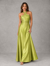 Sage Green Satin A-Line Bridesmaid Dress with Halter Neck