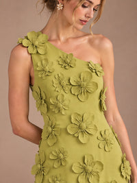 Sage Green One Shoulder Satin Formal Maxi Dress with 3D Floral