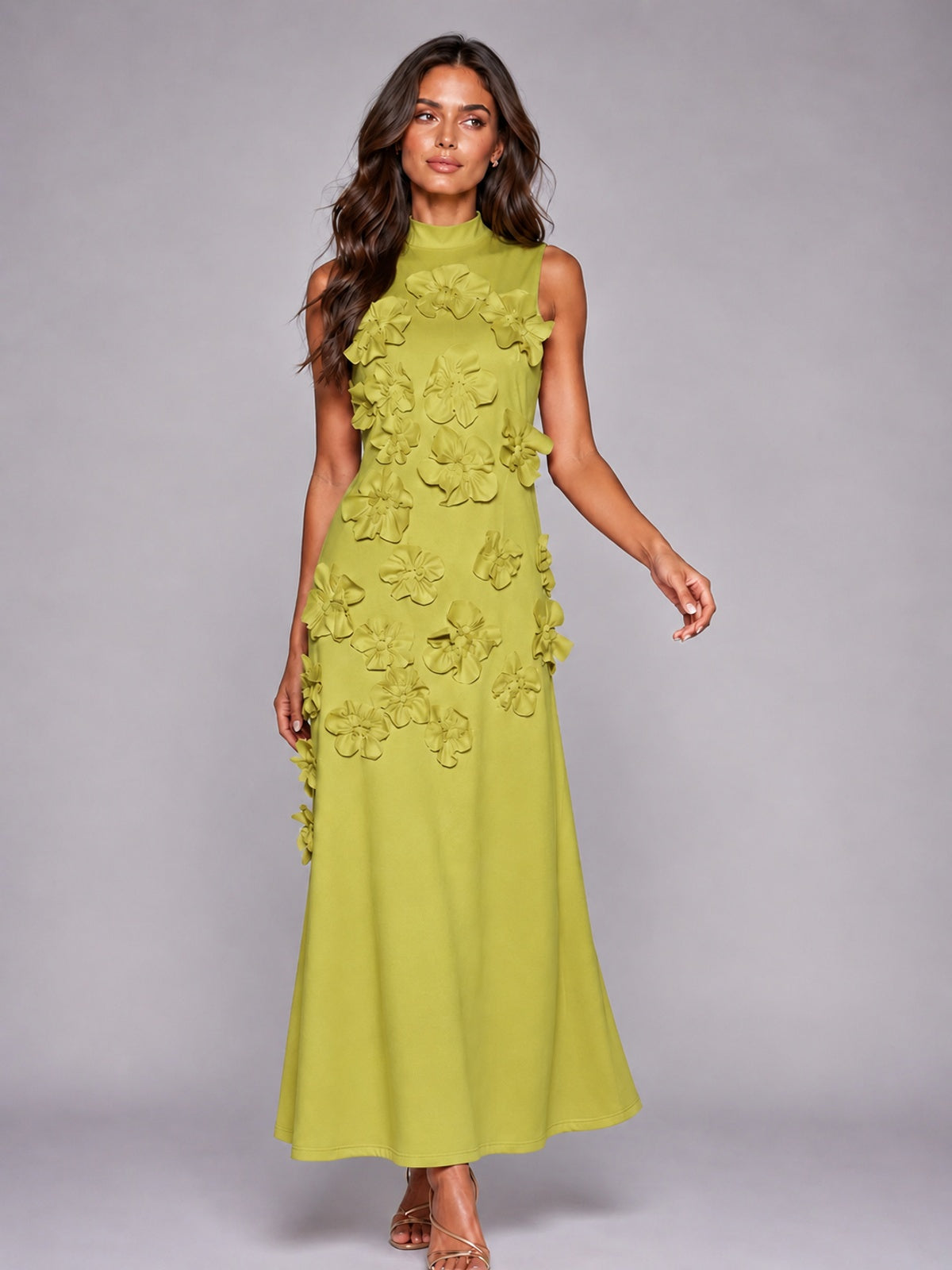 3D Floral Applique High Neck Prom Maxi Dress