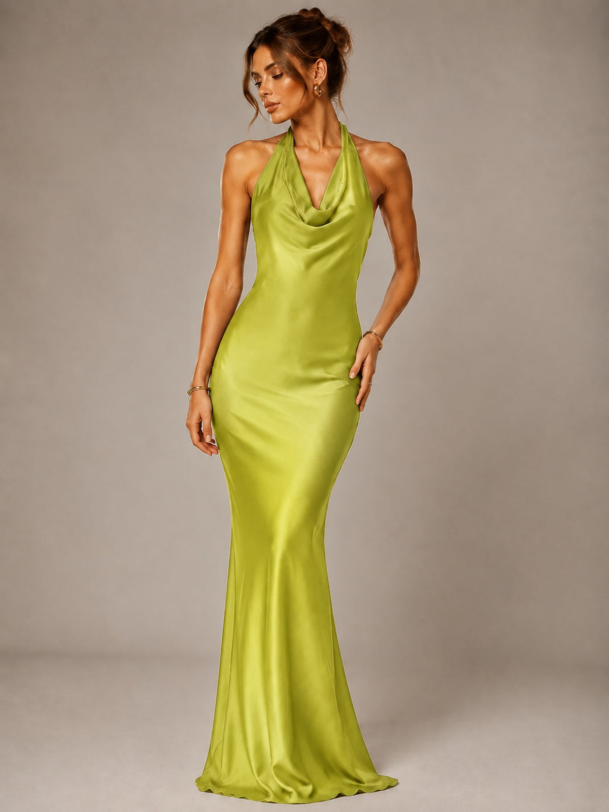 Olive Green Halter Satin Mermaid Maxi Dress