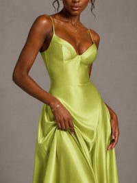 Lavender V Neck Satin Prom Dress with Spaghetti Straps