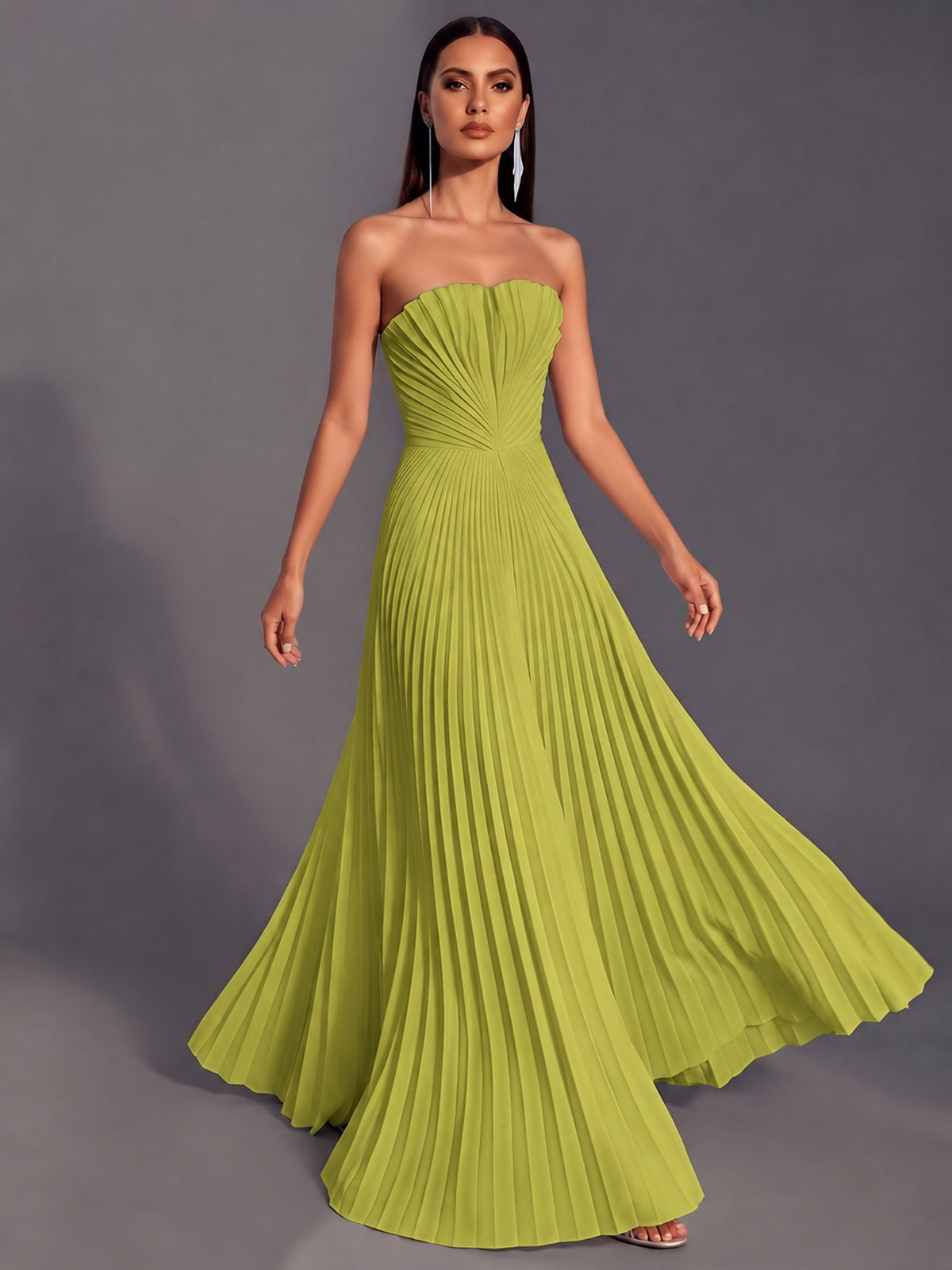 Strapless A-line Long Pleated Satin Prom Dress