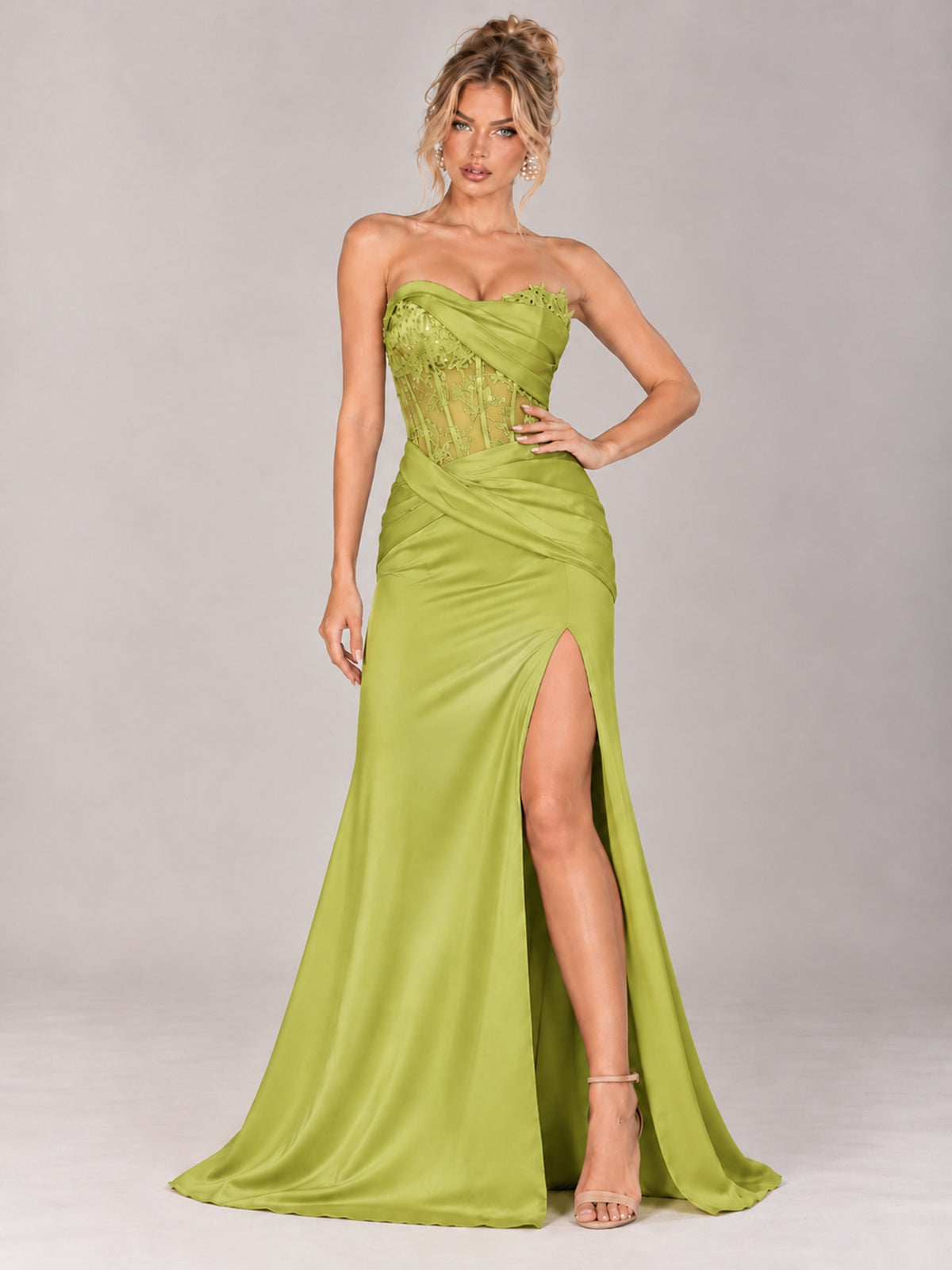 Strapless Satin Prom Dress with Sheer Lace Corset & High Slit