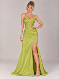 Strapless Satin Prom Dress with Sheer Lace Corset & High Slit