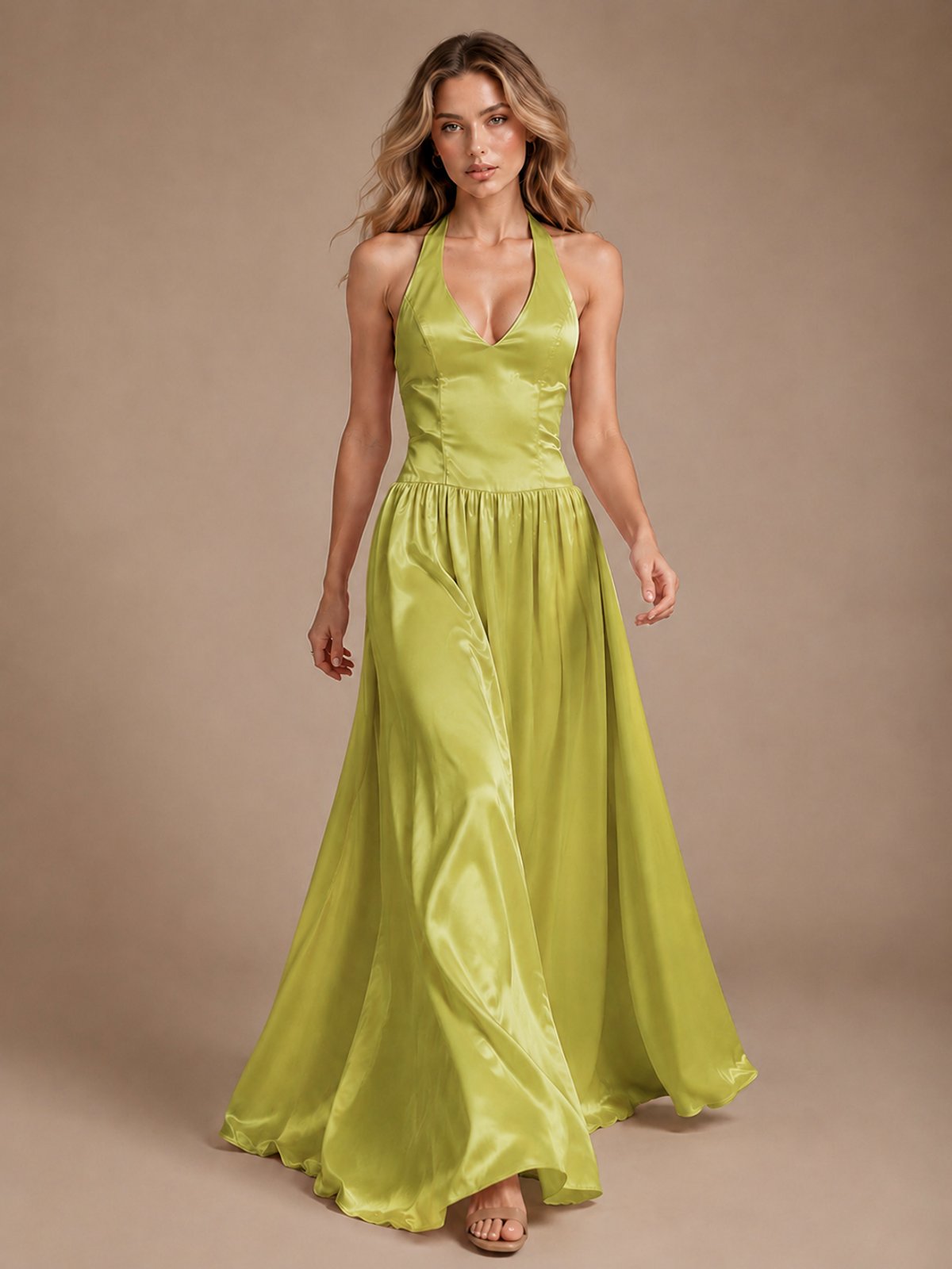 Pink V Neck Halter Satin Maxi Dress