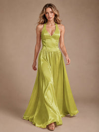 Pink V Neck Halter Satin Maxi Dress