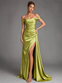 Off Shoulder Satin Maxi Dress with Slit