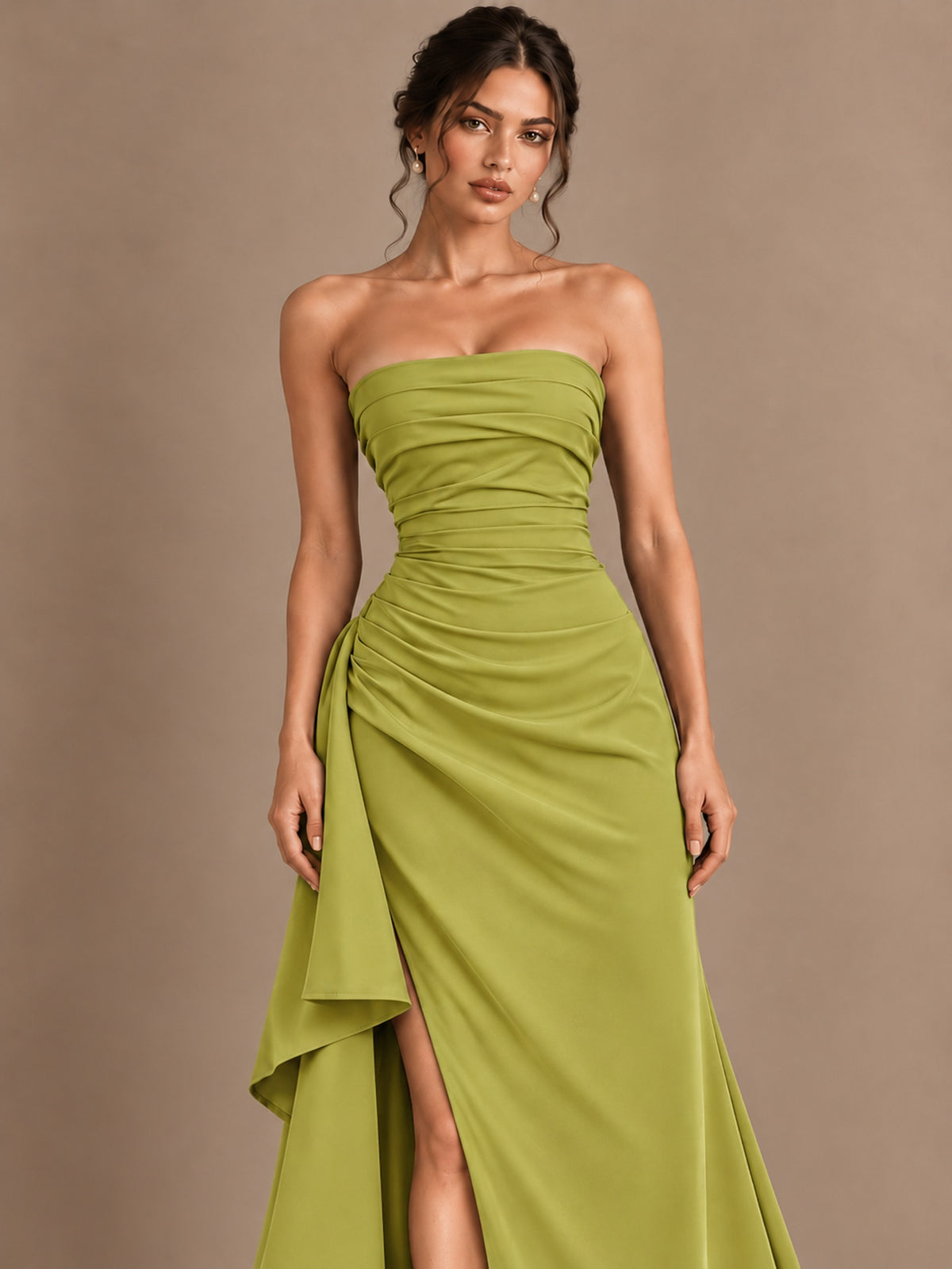 Black and White Strapless Ruched Prom Dress with High Slit & Side Drape