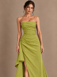 Black and White Strapless Ruched Prom Dress with High Slit & Side Drape