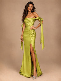 Off The Shuolder Satin Prom Dress Slit Mermaid Formal Gowns
