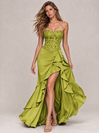 Strapless Lace Appliques Corset Satin Prom Dress Ruffle Slit Evening Gown
