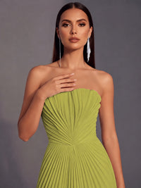 Strapless A-line Long Pleated Satin Prom Dress