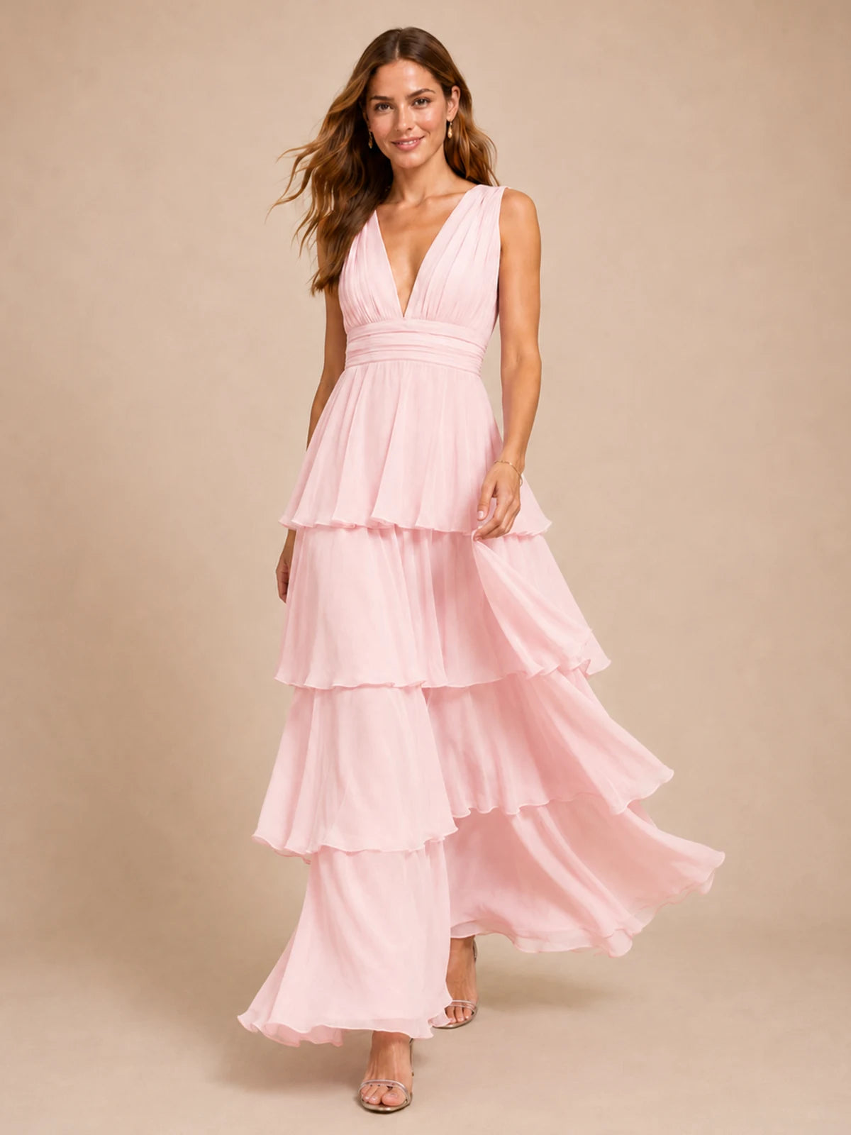Elegant Deep V Neck Chiffon Bridesmaid Dress with Tiered Ruffles