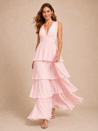 Elegant Deep V Neck Chiffon Bridesmaid Dress with Tiered Ruffles