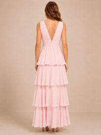 Elegant Deep V Neck Chiffon Bridesmaid Dress with Tiered Ruffles