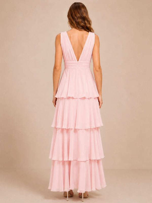 Elegant Deep V Neck Chiffon Bridesmaid Dress with Tiered Ruffles