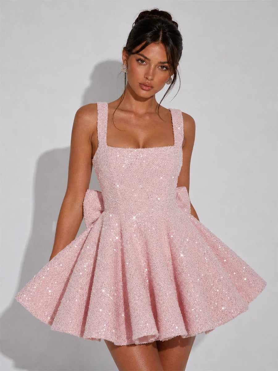 Sparkle Bow Square Neck Homecoming Mini Dress