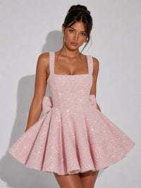 Sparkle Bow Square Neck Homecoming Mini Dress