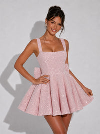 Sparkle Bow Square Neck Homecoming Mini Dress