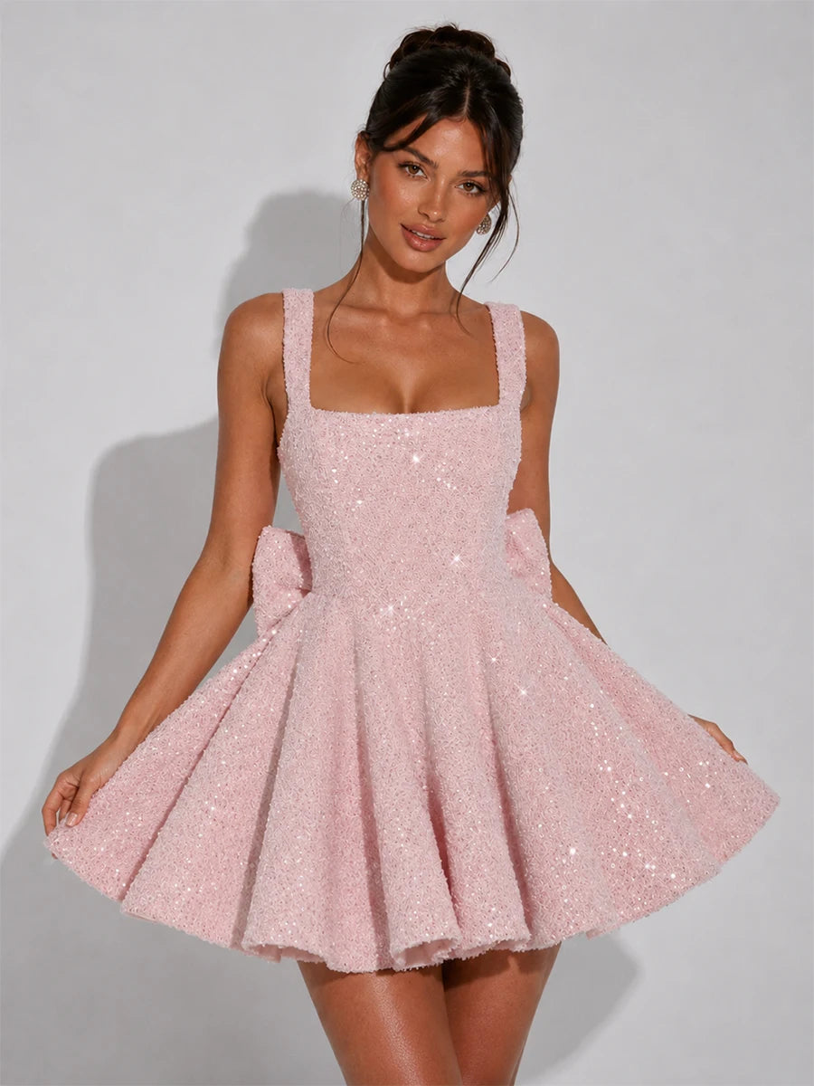 Sparkle Bow Square Neck Homecoming Mini Dress
