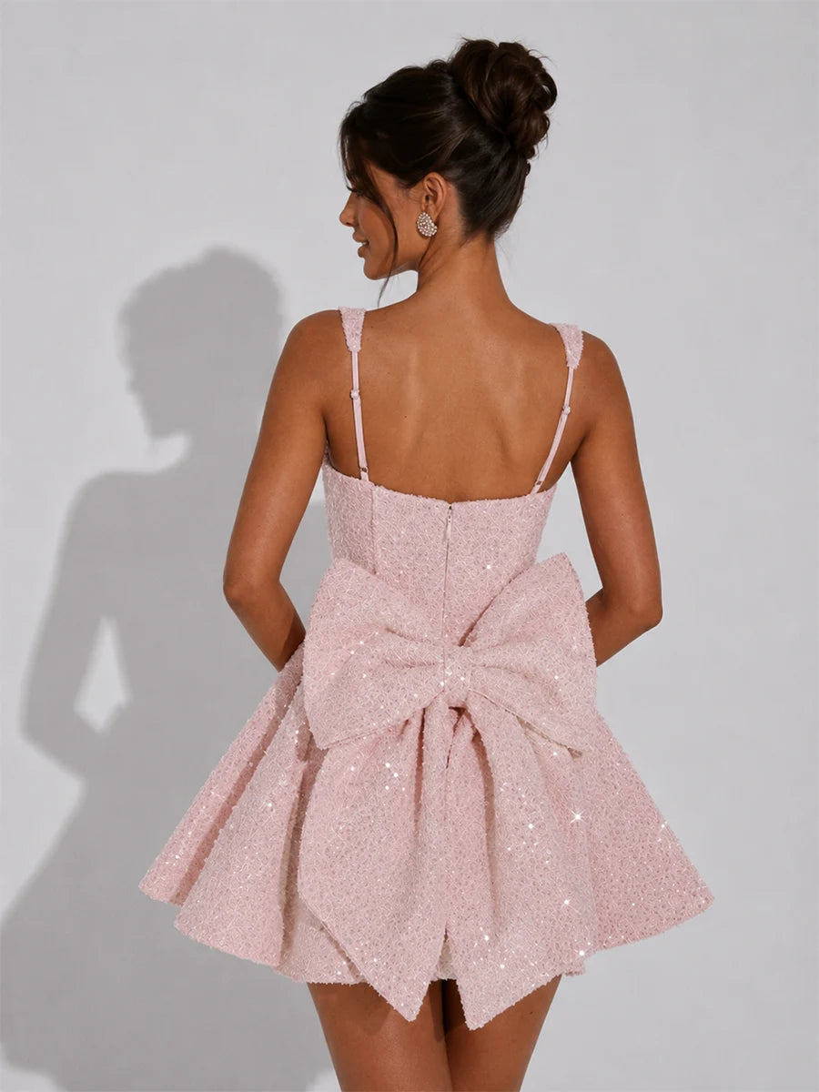 Sparkle Bow Square Neck Homecoming Mini Dress