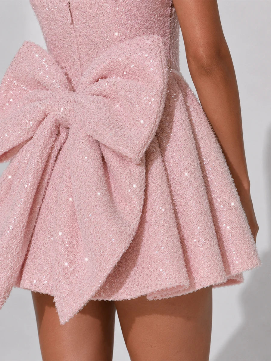 Sparkle Bow Square Neck Homecoming Mini Dress