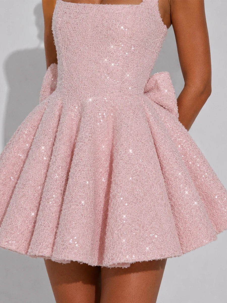 Sparkle Bow Square Neck Homecoming Mini Dress