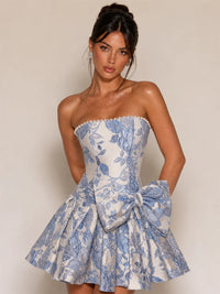 Strapless Floral Jacquard Bow Homecoming Dress