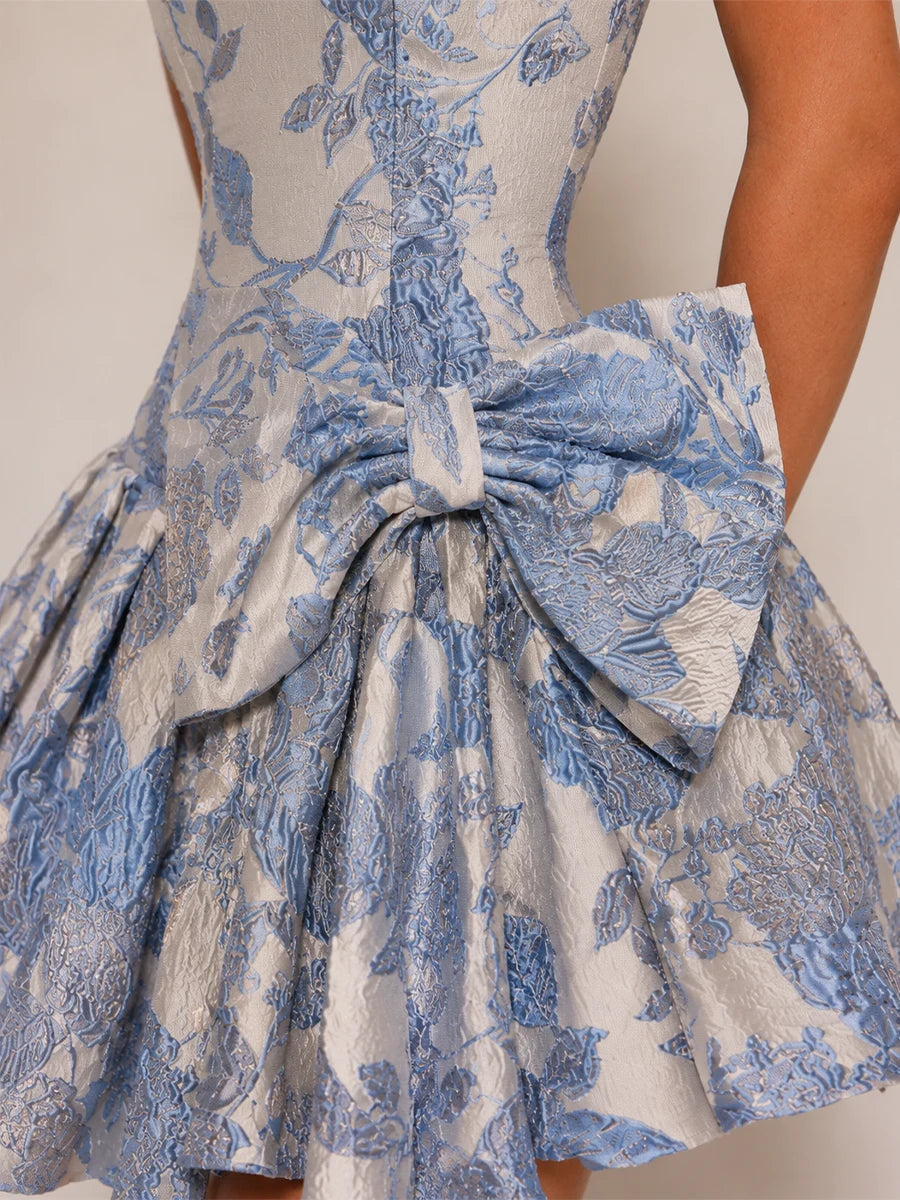 Strapless Floral Jacquard Bow Homecoming Dress