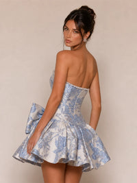 Strapless Floral Jacquard Bow Homecoming Dress