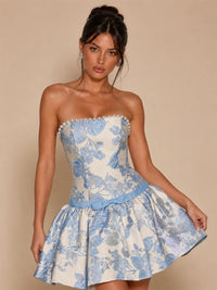 Strapless Floral Pearl Trim Homecoming Dress