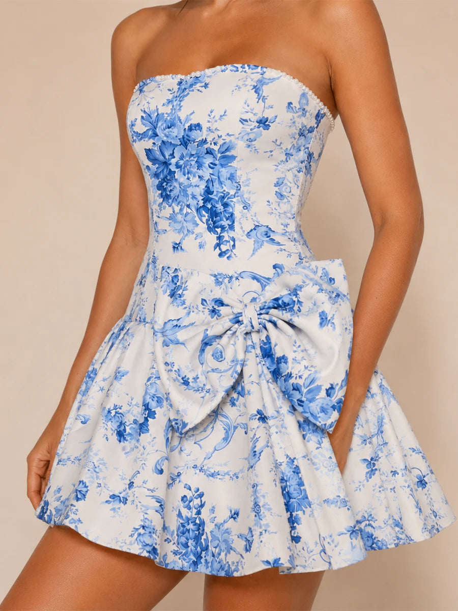 Strapless Floral Bow Homecoming Dress