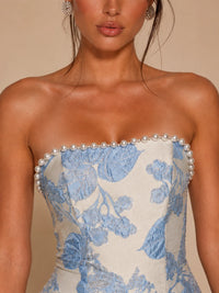 Strapless Floral Pearl Trim Homecoming Dress