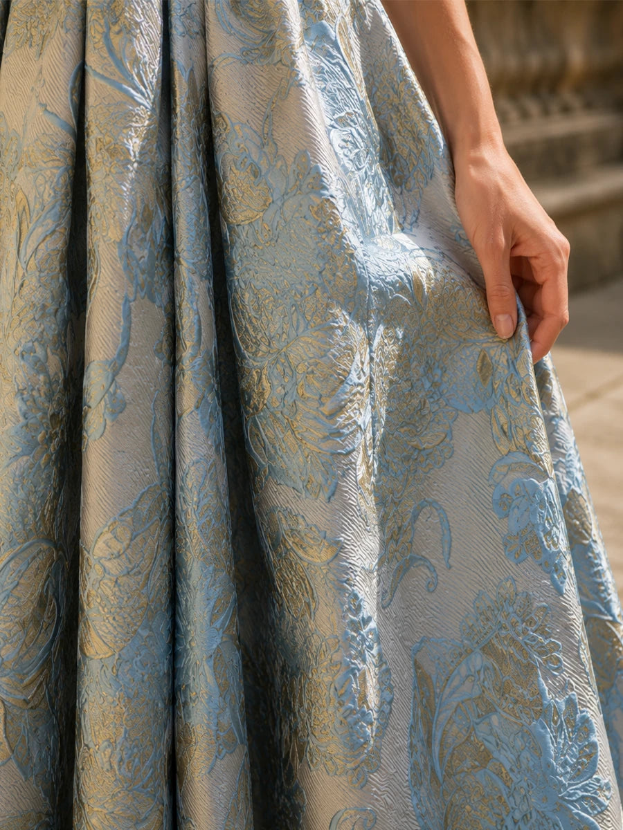 V-Neck Floral Jacquard Mother of the Bride Dress with Cap Sleeves