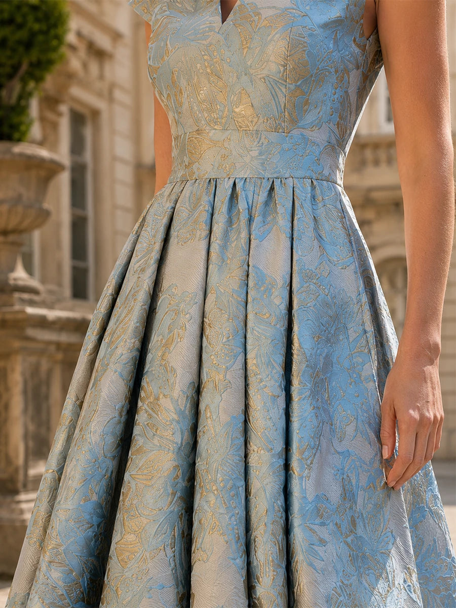 V-Neck Floral Jacquard Mother of the Bride Dress with Cap Sleeves