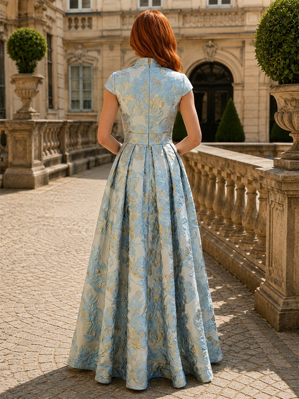V-Neck Floral Jacquard Mother of the Bride Dress with Cap Sleeves