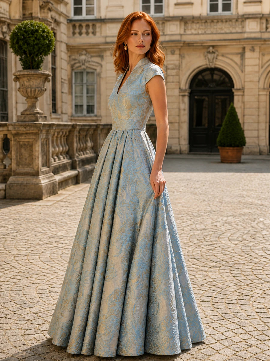 V-Neck Floral Jacquard Mother of the Bride Dress with Cap Sleeves