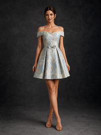 Light Blue Off Shoulder Floral Jacquard Short Homecoming Dress