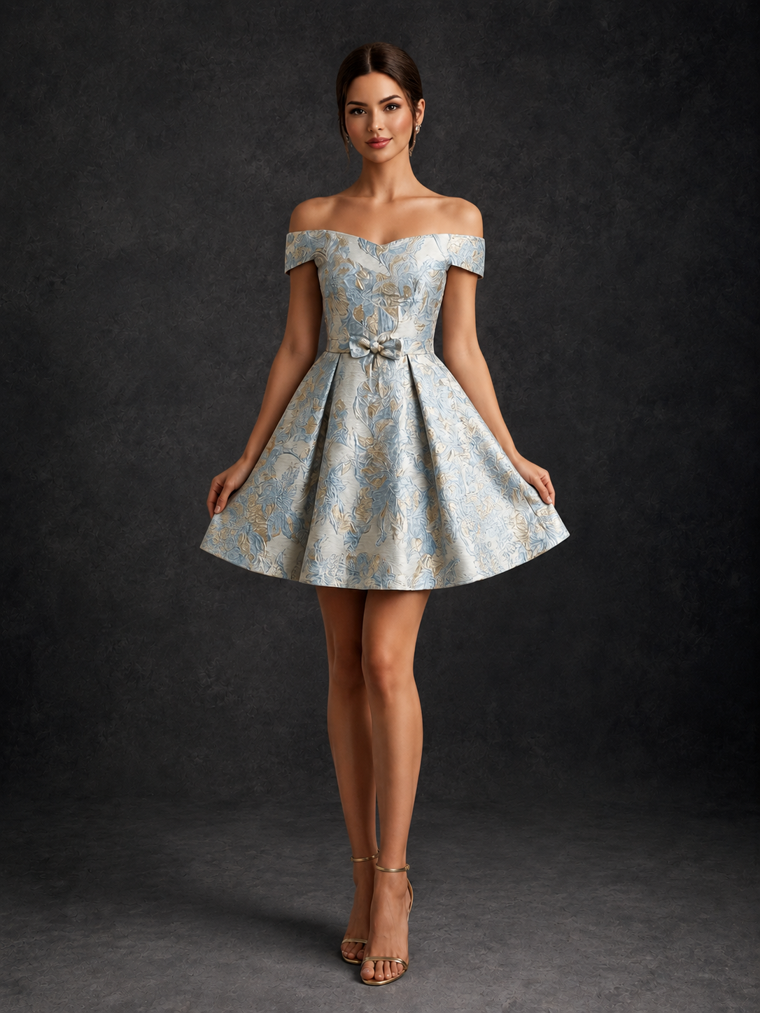 Light Blue Off Shoulder Floral Jacquard Short Homecoming Dress