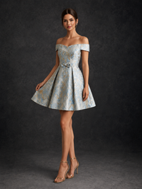 Light Blue Off Shoulder Floral Jacquard Short Homecoming Dress