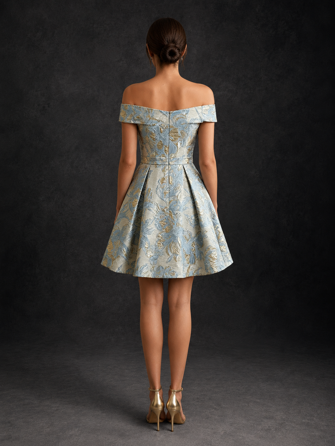 Light Blue Off Shoulder Floral Jacquard Short Homecoming Dress
