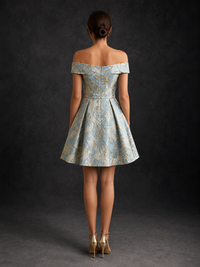 Light Blue Off Shoulder Floral Jacquard Short Homecoming Dress
