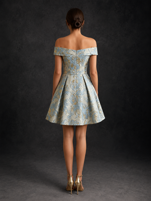 Light Blue Off Shoulder Floral Jacquard Short Homecoming Dress