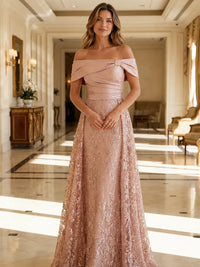 Women’s Off Shoulder Floral Lace A-Line Evening Gown for Wedding Guest