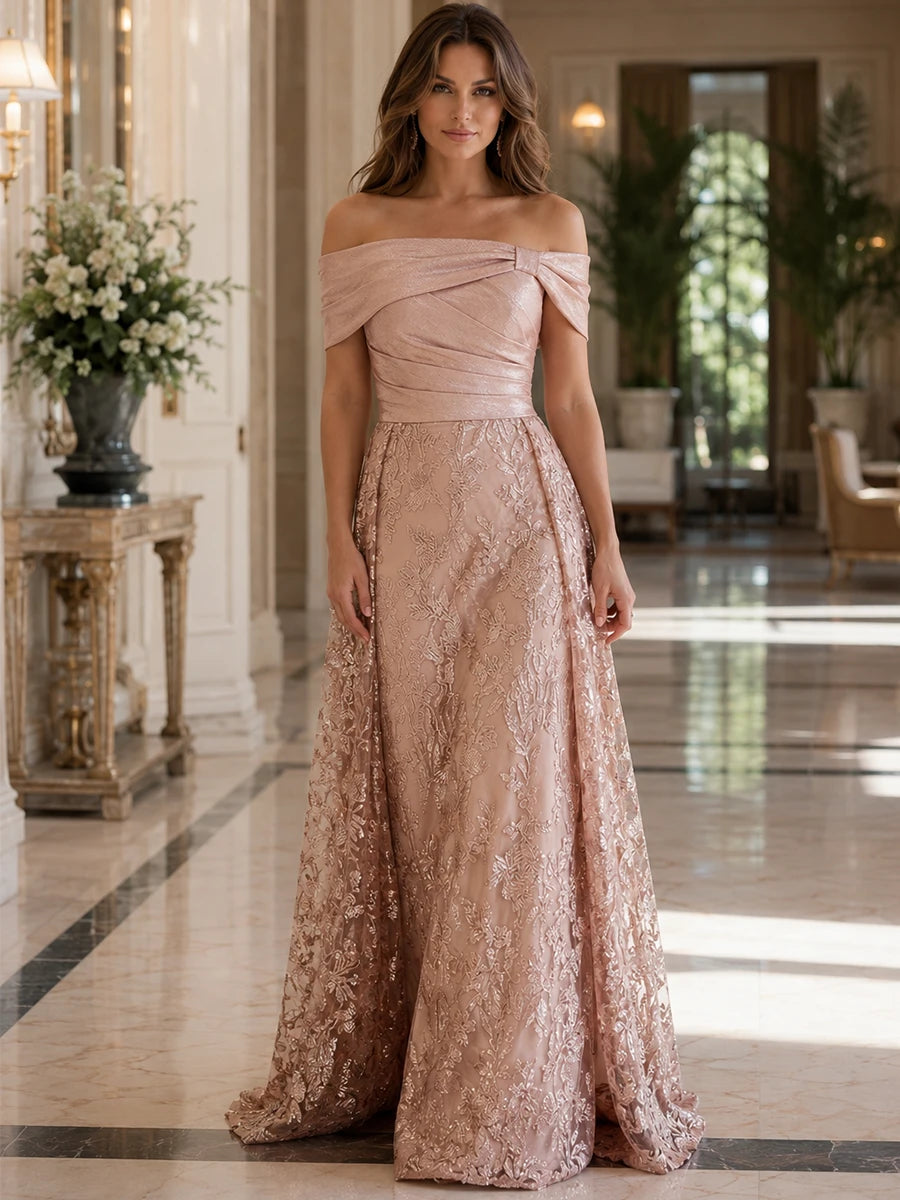 Women’s Off Shoulder Floral Lace A-Line Evening Gown for Wedding Guest