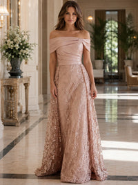Women’s Off Shoulder Floral Lace A-Line Evening Gown for Wedding Guest